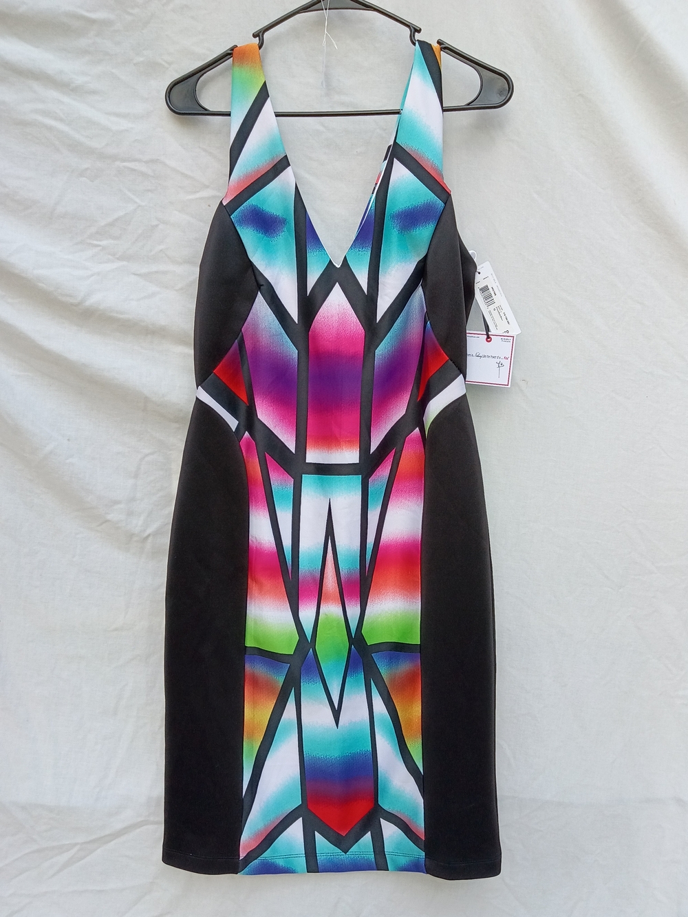 Bisou Bisou Black V Neck Midi Dress with Multicolor Geometric Panels Sz 12 Large